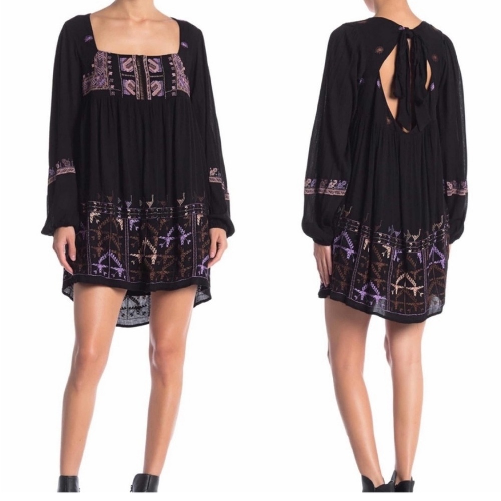 Free People Black Dress with Purple Embroidery